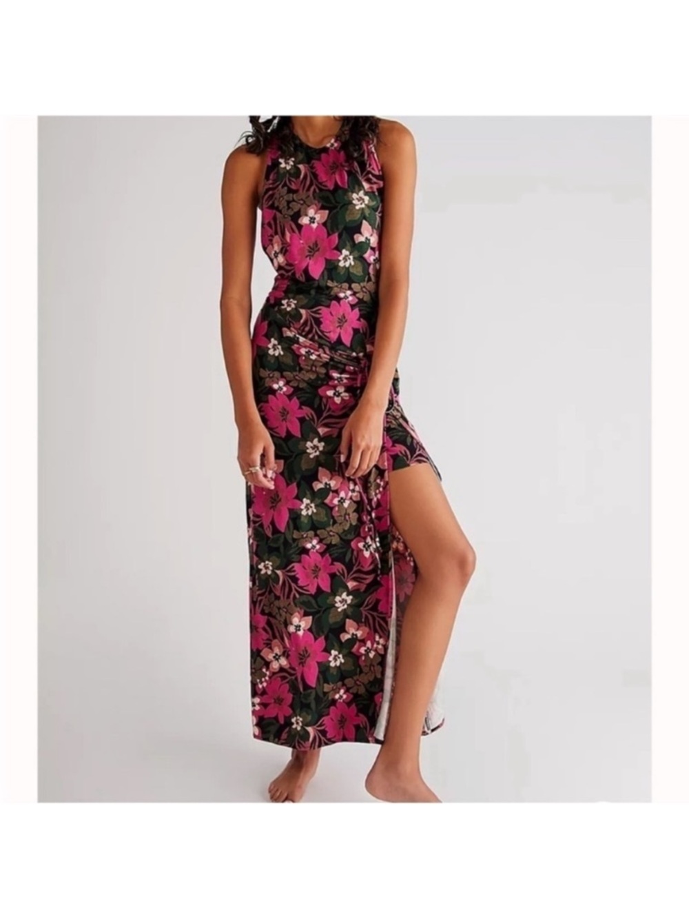 Free People Green Floral Halter High-Low Maxi Dress with Pink Blooms - Picture 2 of 3
